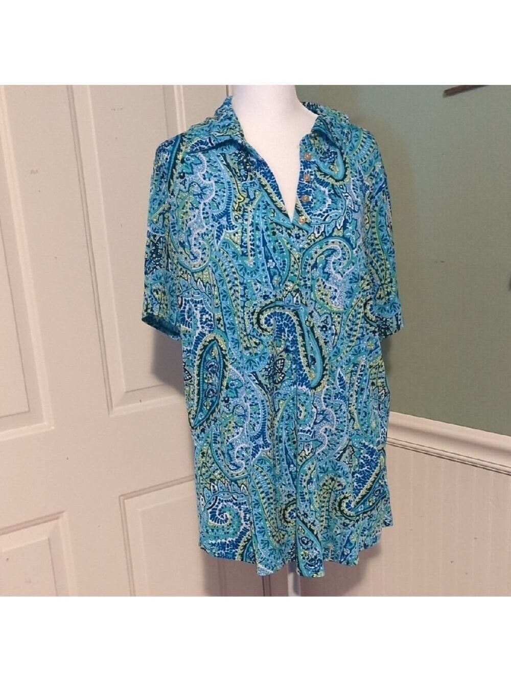 Jones New York Teal Paisley Blouse Shirt Top Size 1X